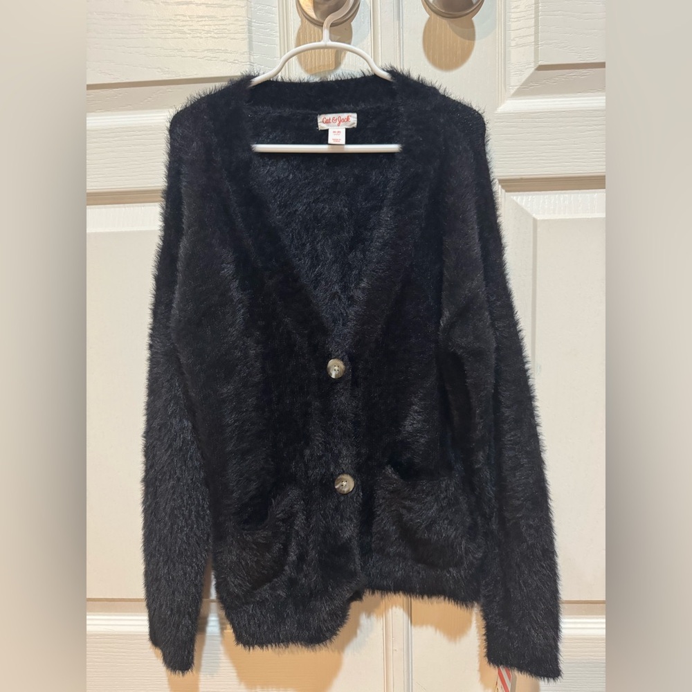 NWT. Cat and Jack Black Fuzzy Cardigan with Button Closure Size Medium